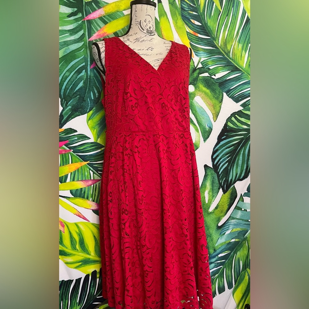 NWT $89 Lane Bryant 14 Bright Red Sleeveless Lace V Neck Teacher Office Dress